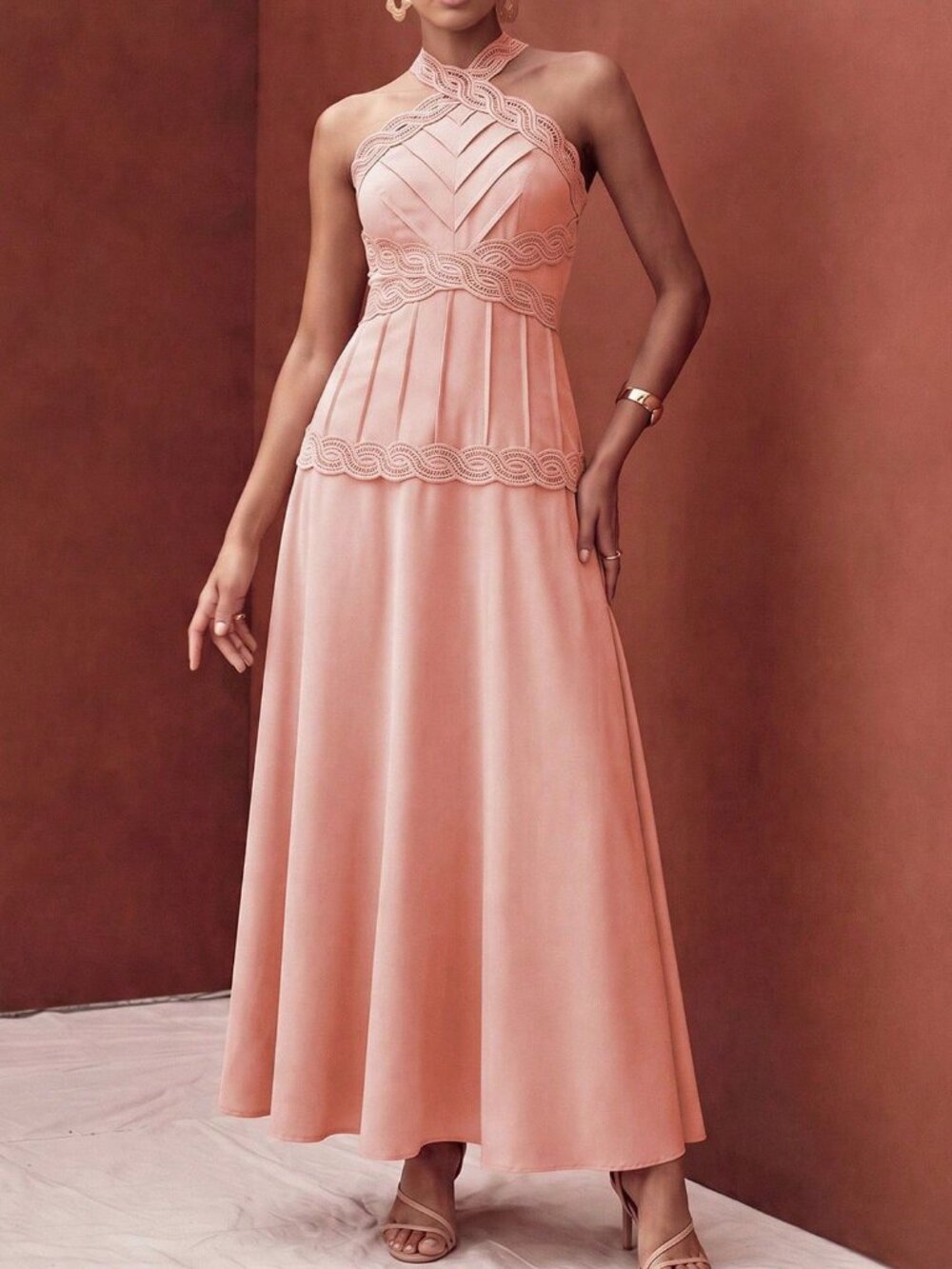 Dusty Pink Elegant Women's Halter Neck Lace Trim Patchwork Long Dress - Picture 7 of 7